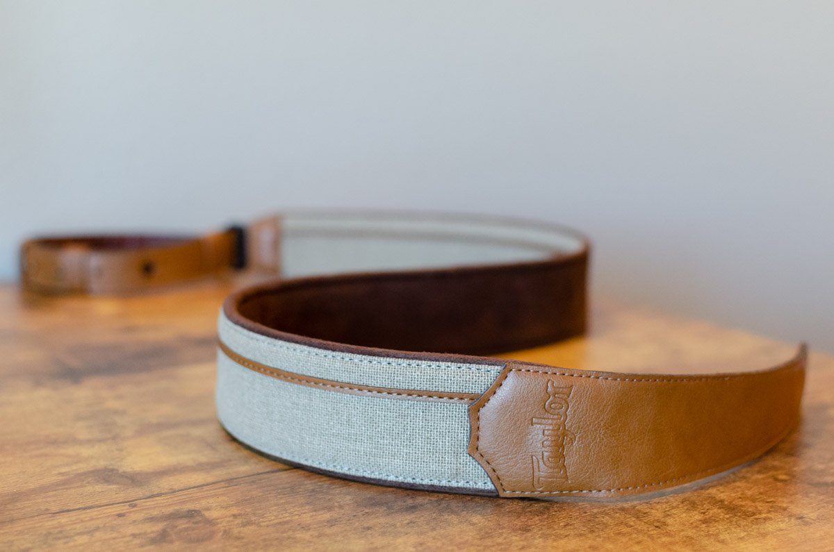 Taylor Vegan Leather Guitar Strap - Tan with Natural Textile Trim  2.5" (4203-25) - Floor Model